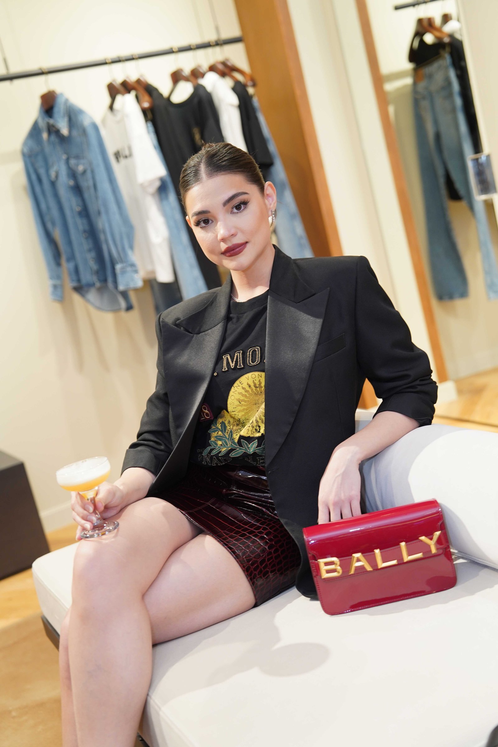 Rhian Ramos with the Bally Logo Crossbody Bag.